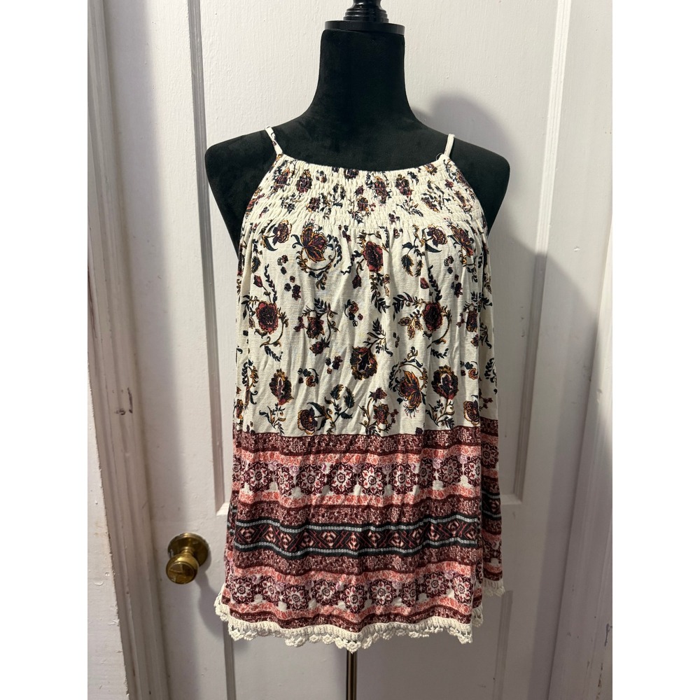 Eyeshadow Cream Red Floral Smocked Tank Top Crochet Hem Boho XL